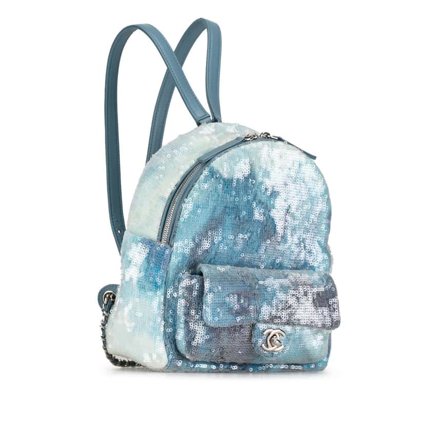Chanel Mini Sequins and Lambskin Waterfall Backpack Blue Polyester Very good condition - Back View