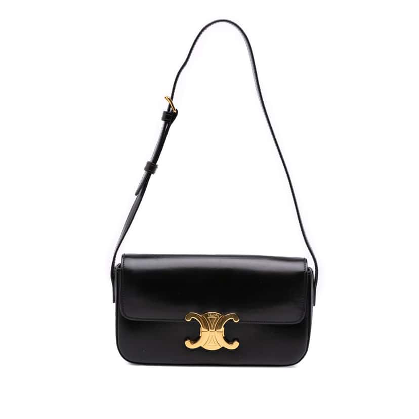 Celine Shiny Calfskin Claude Shoulder Bag Black Leather Good condition - Front View