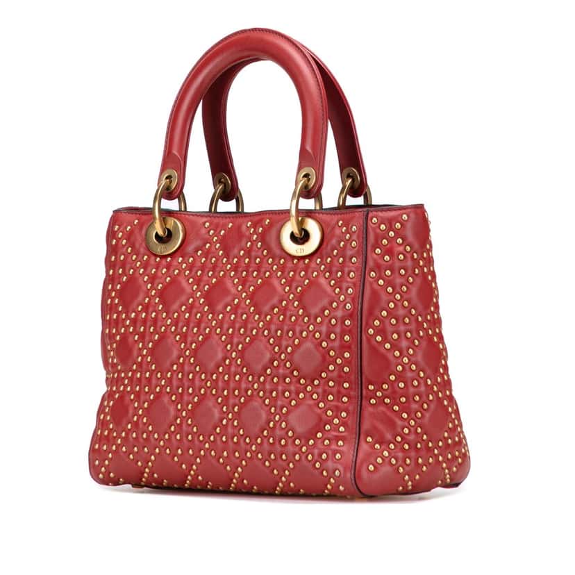 Dior Medium Lambskin Cannage Studded Supple Lady Dior Red Leather Good condition - Back View