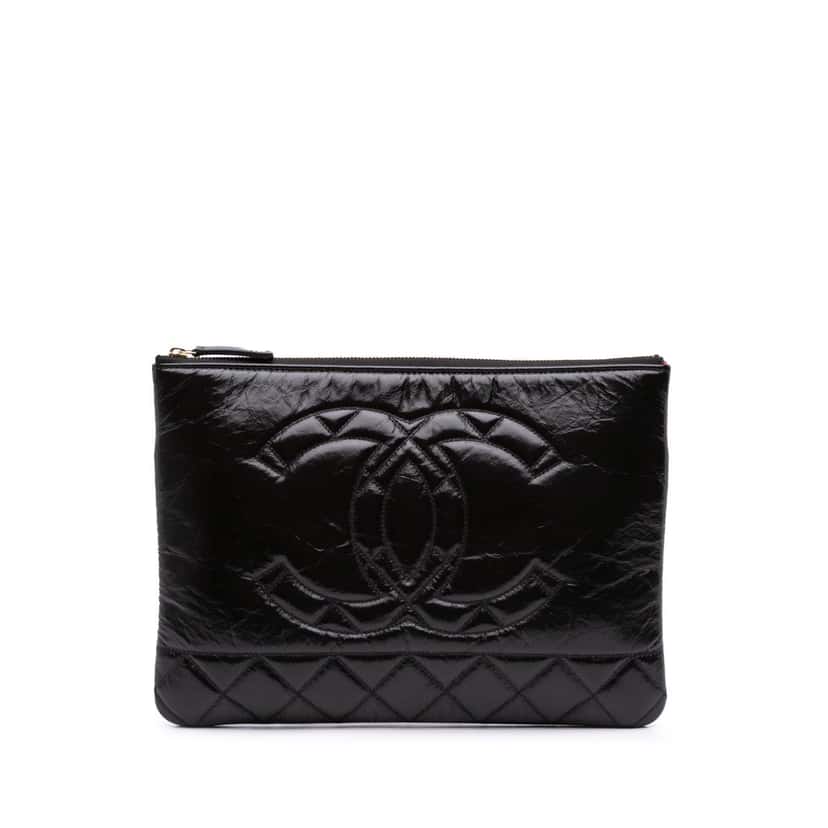 Chanel Medium Shiny Aged Calfskin O Case Clutch Black Leather Good condition - Front View