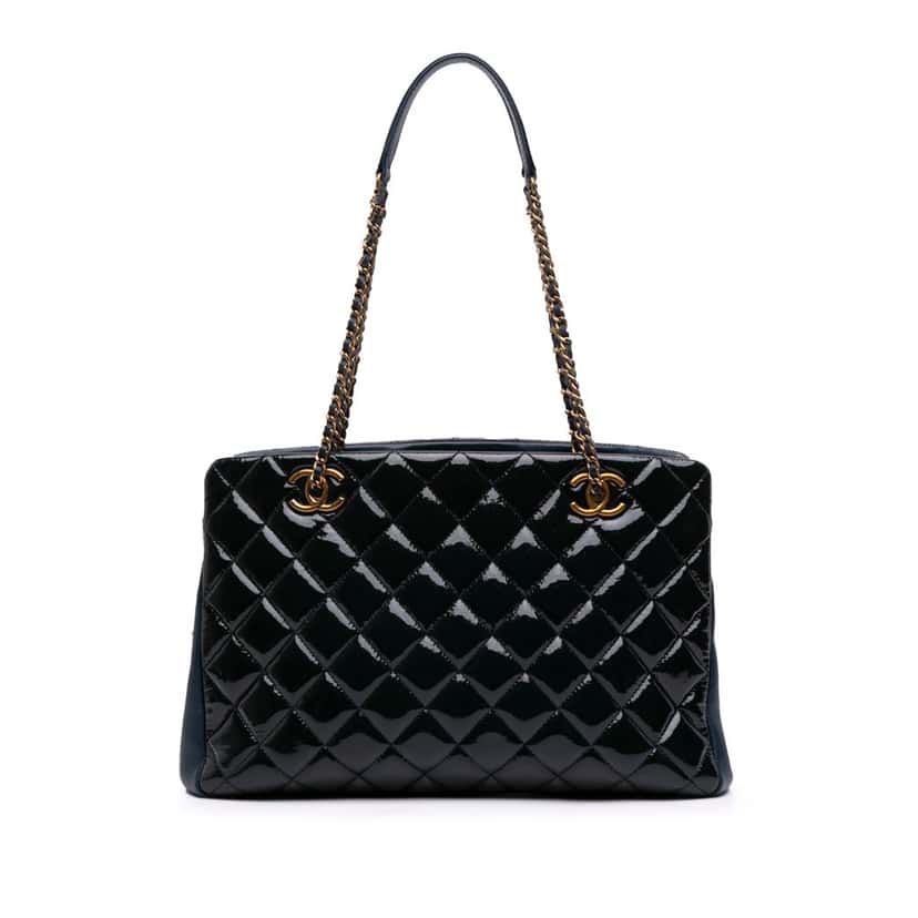 Chanel Paris Salzburg Patent and Goatskin CC Eyelet Tote Blue Leather Good condition - Front View