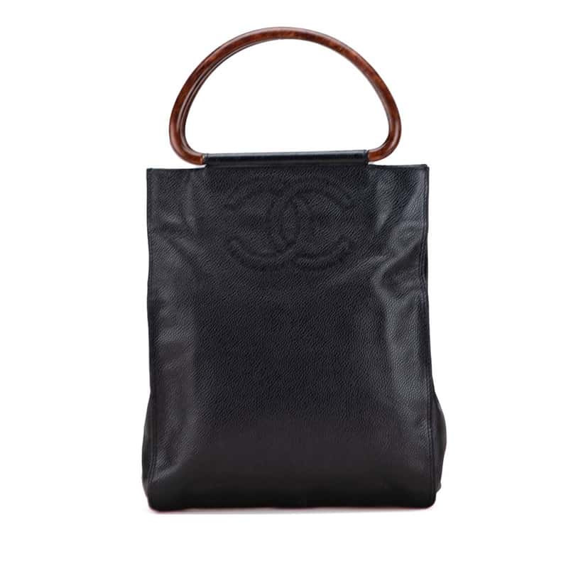 Chanel CC Caviar Wood Top Handle Tote Black Leather Good condition - Front View