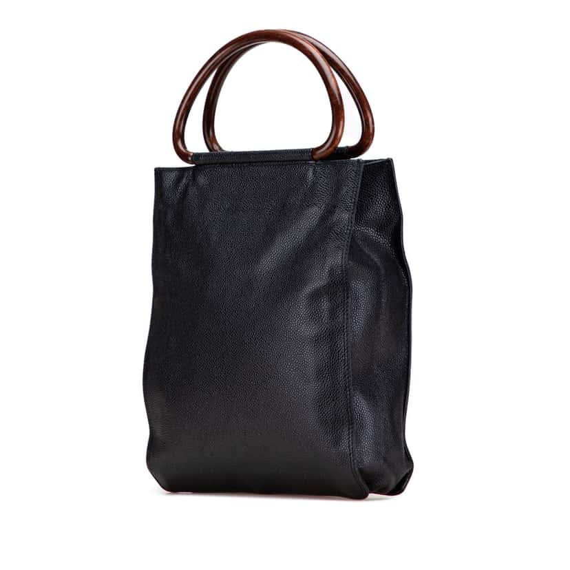 Chanel CC Caviar Wood Top Handle Tote Black Leather Good condition - Back View