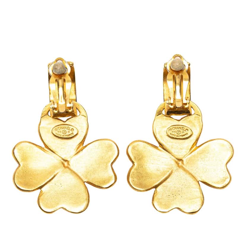 Chanel Gold Plated CC Clover Clip on Earrings Gold Metal Good condition - Back View