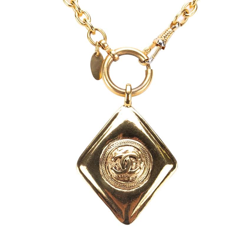 Chanel Gold Plated CC Diamond Shape Pendant Necklace Gold Metal Good condition - Front View