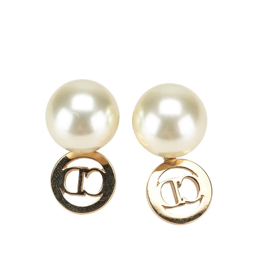 Dior Faux Pearl and Crystal Logo Tribales Drop Push Back Earrings White Good condition - Back View