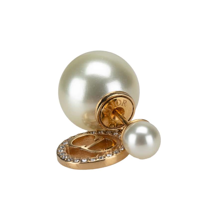 Dior Faux Pearl and Crystal Logo Tribales Drop Push Back Earrings White Good condition - Inside View