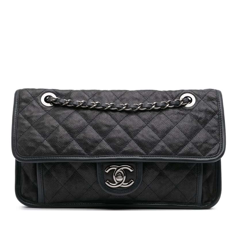 Chanel Medium Quilted Calfskin French Riviera Flap Black Leather Good condition - Front View