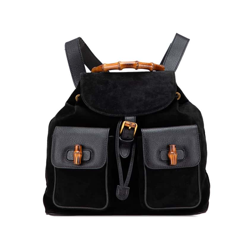 Gucci Suede Bamboo Drawstring Backpack Black Leather Good condition - Front View