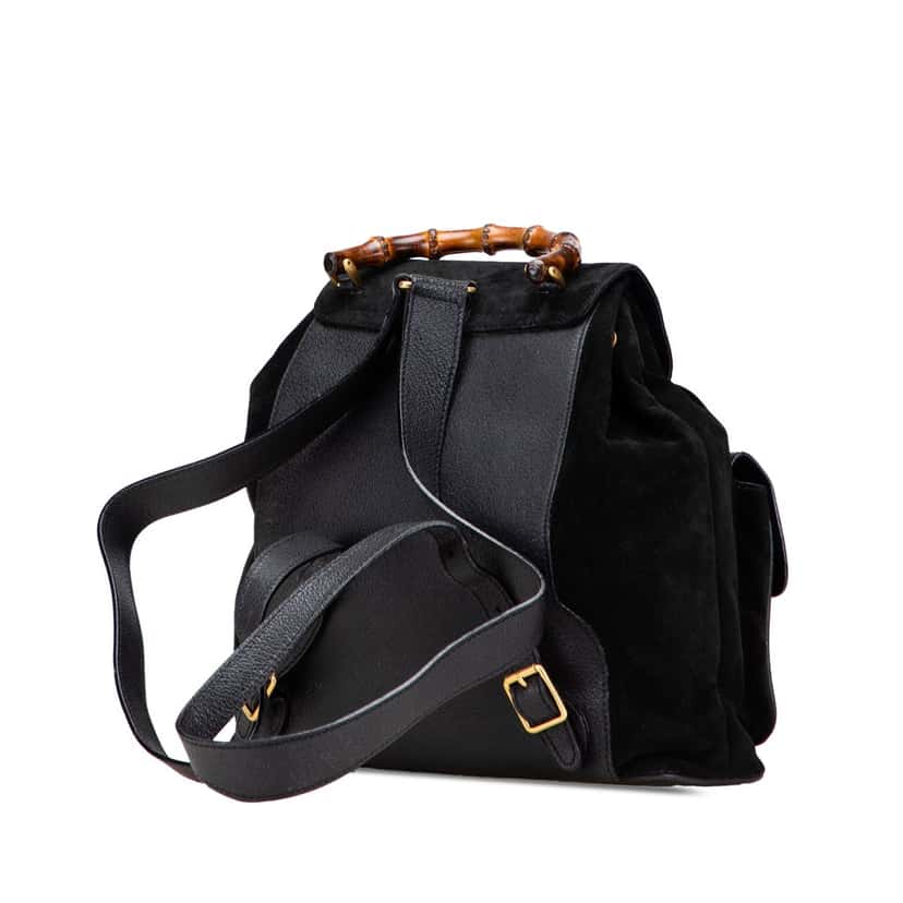 Gucci Suede Bamboo Drawstring Backpack Black Leather Good condition - Back View