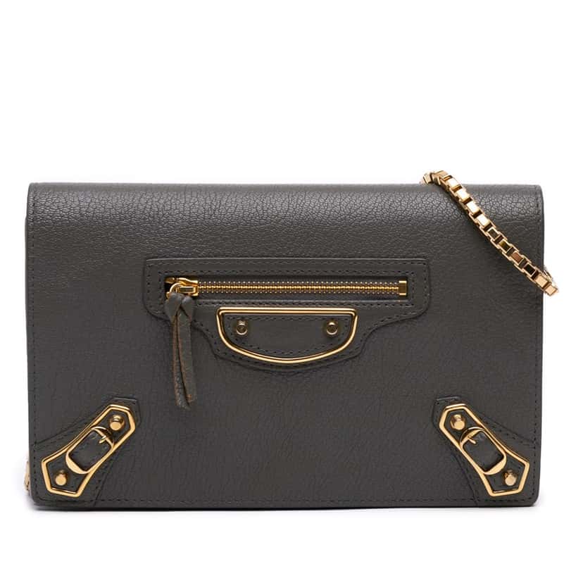 Balenciaga Chevre Motocross Metallic Edge Wallet on Chain Grey Leather Good condition - Front View