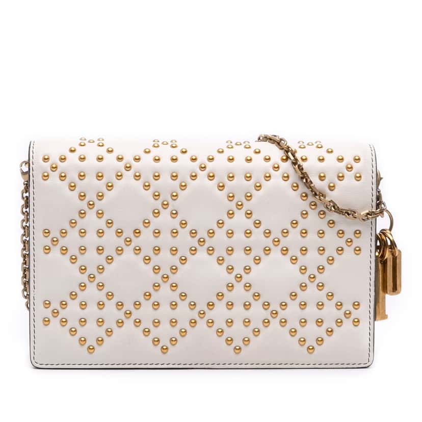 Dior Studded Calfskin Cannage Lady Dior Wallet on Chain White Leather Good condition - Front View