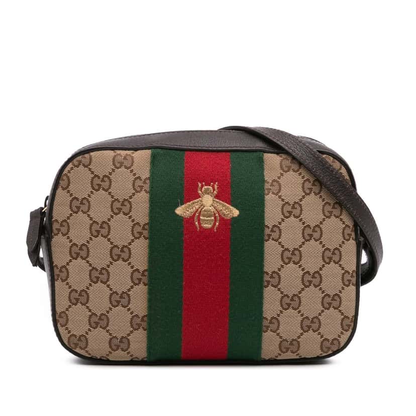 Gucci GG Canvas Webby Bee Camera Bag Brown Canvas Good condition - Front View