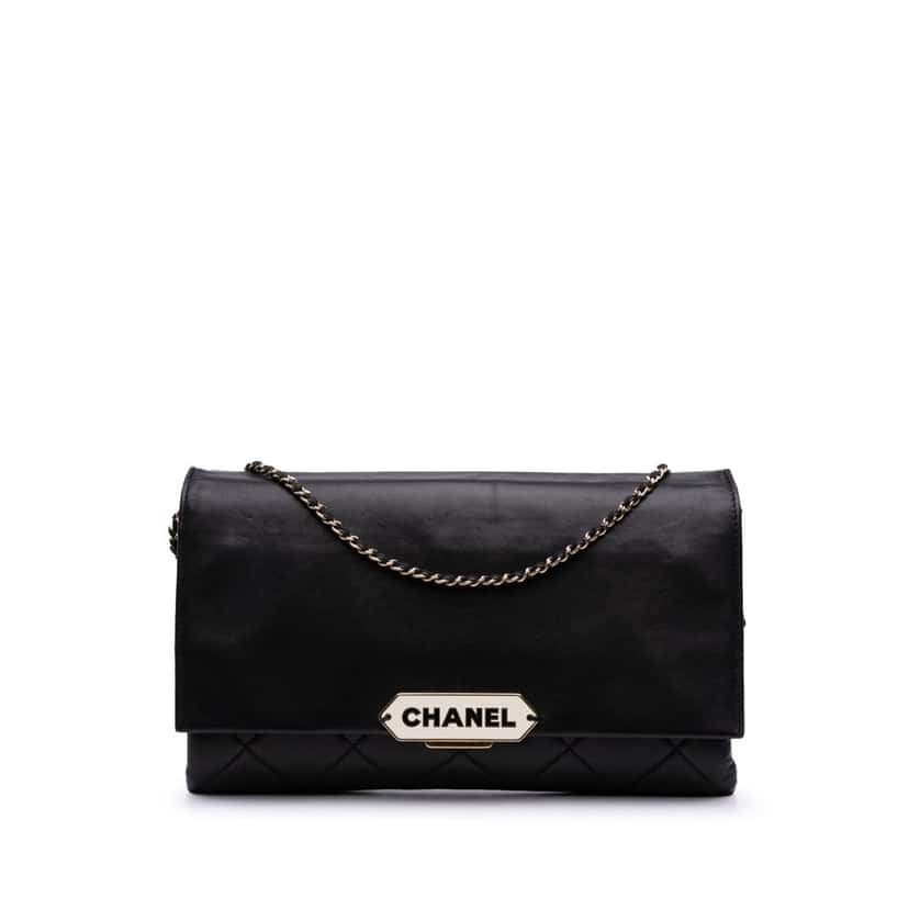Chanel Quilted Lambskin Retro Label Shoulder Bag Black Leather Good condition - Front View