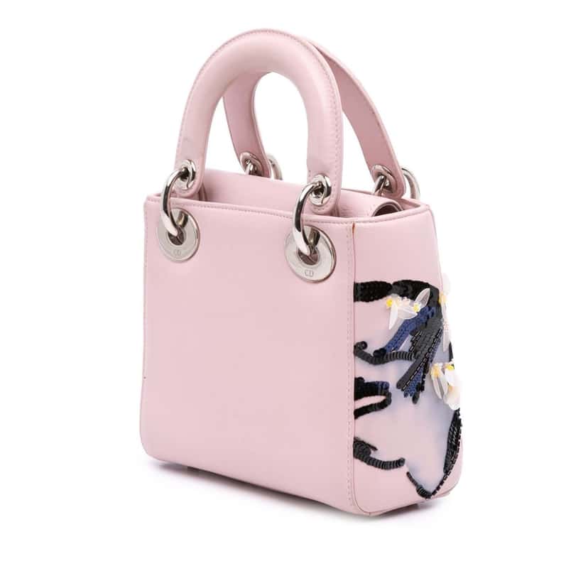 Dior Mini Calfskin Sequin Embellished Lady Dior Pink Leather Good condition - Back View