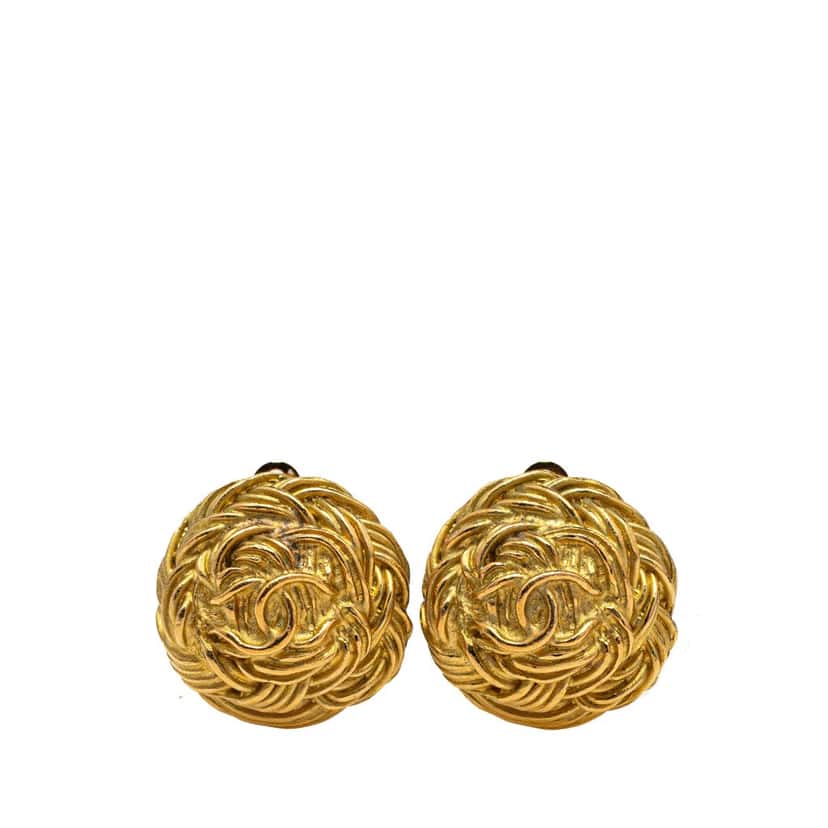 Chanel Gold Plated CC Quilted Round Clip On Earrings Gold Metal Good condition - Front View