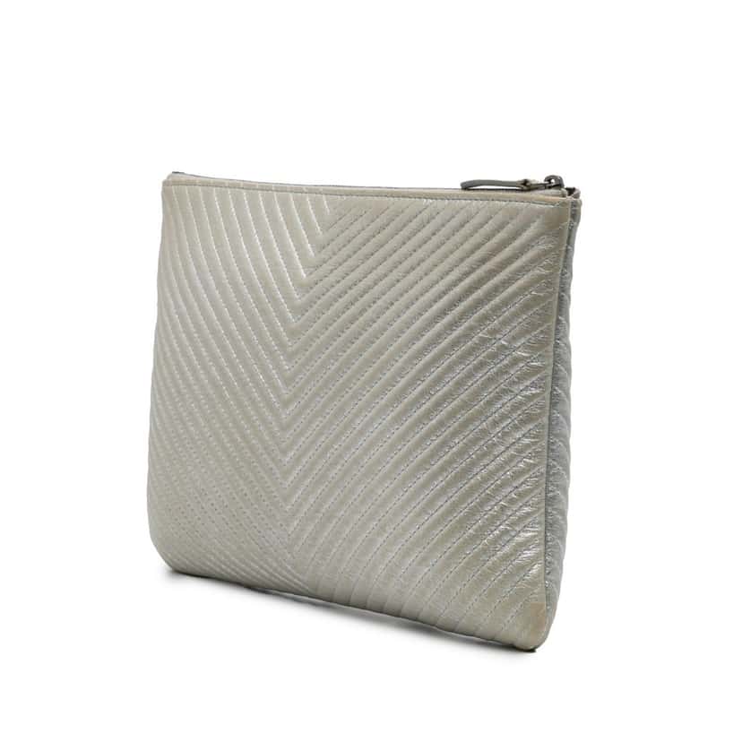 Chanel Medium Metallic Chevron Calfskin O Case Clutch Silver Leather Fair condition - Back View