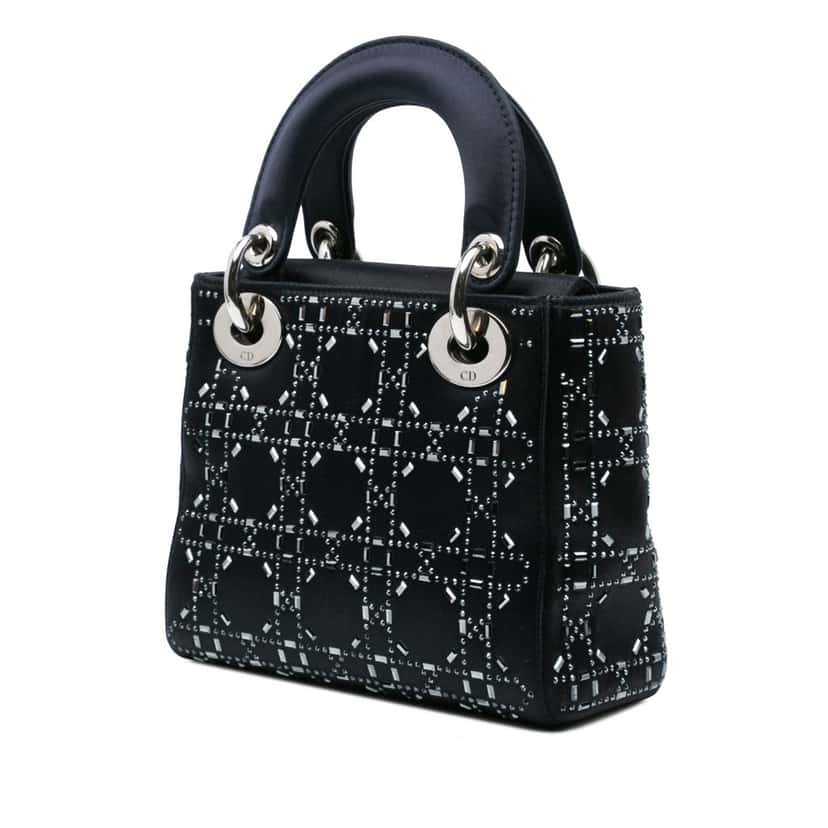 Dior Mini Satin Cannage Strass Crystal Embellished Lady Dior Black Satin Good condition - Back View