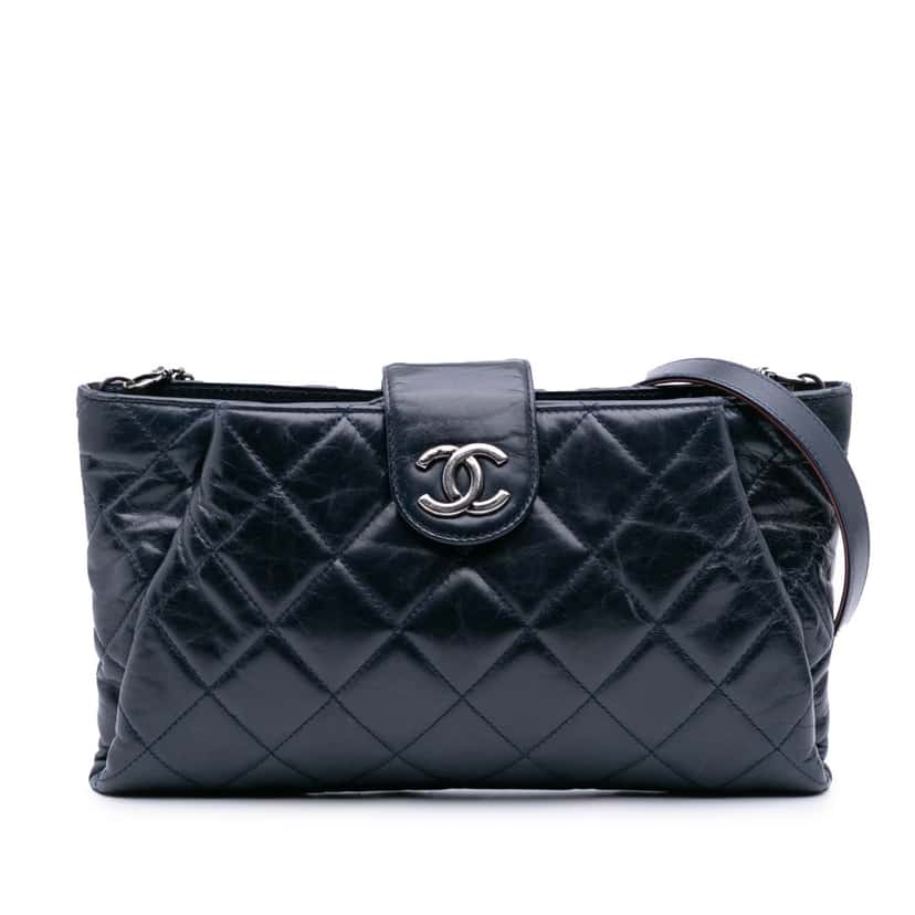 Chanel Quilted Glazed Calfskin Coco Pleats Clutch With Chain Blue Leather Good condition - Front View