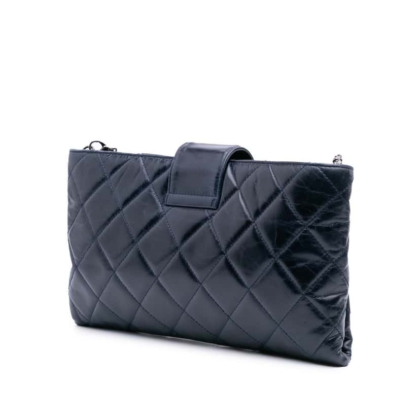 Chanel Quilted Glazed Calfskin Coco Pleats Clutch With Chain Blue Leather Good condition - Back View