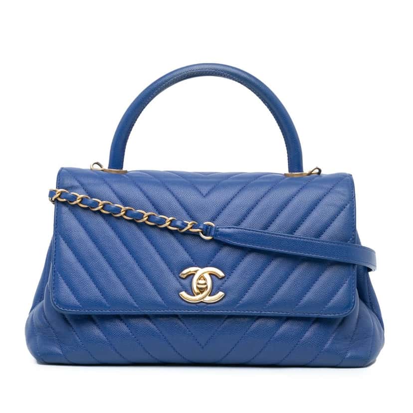 Chanel Small Caviar Chevron Coco Top Handle Bag Blue Leather Good condition - Front View