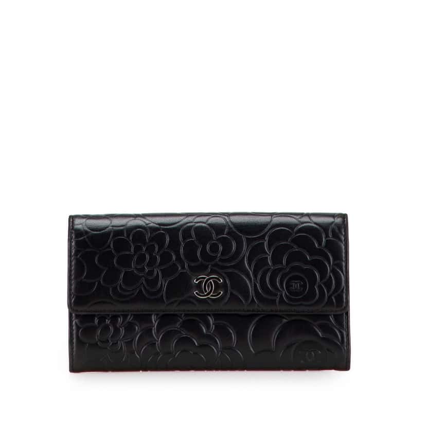 Chanel CC Embossed Calfskin Camellia Flap Wallet Black Leather Good condition - Front View
