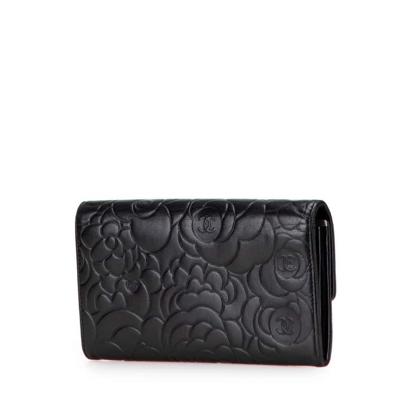 Chanel CC Embossed Calfskin Camellia Flap Wallet Black Leather Good condition - Back View