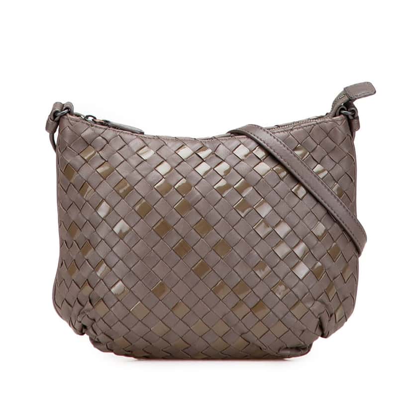 Bottega Veneta Nappa and Patent Intrecciato Crossbody Brown Leather Good condition - Front View