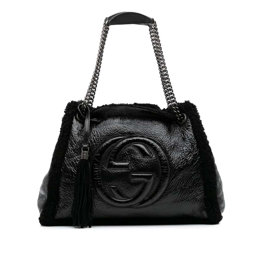 Gucci Medium Patent Shearling Soho Chain Tote Black Leather Good condition - Front View