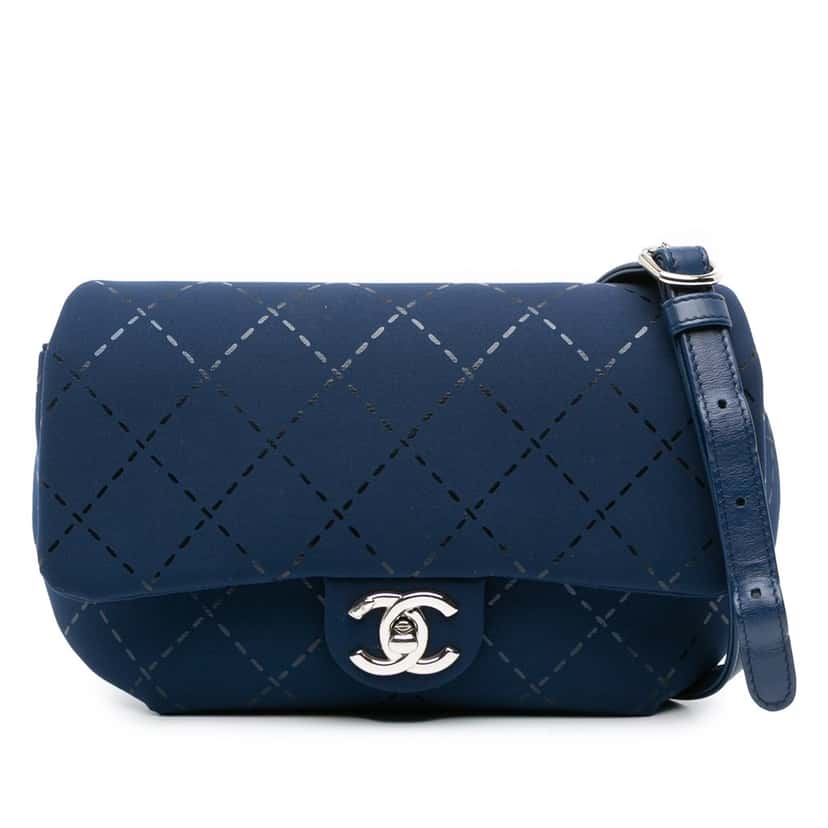 Chanel Classic Jersey Single Flap Blue Cotton Good condition - Front View