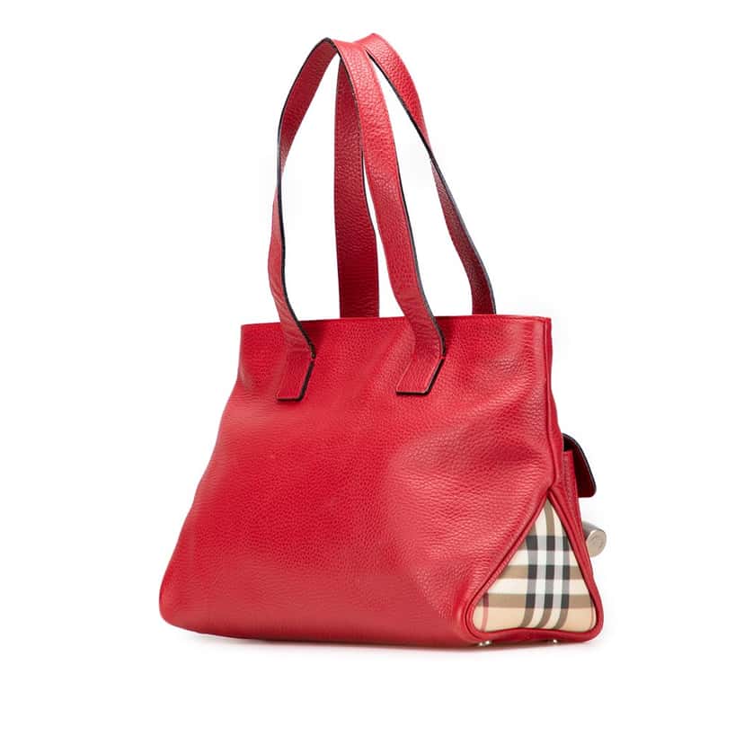 Burberry House Check Trimmed Grainy Calfskin Horn Toggle Tote Red Leather Good condition - Back View