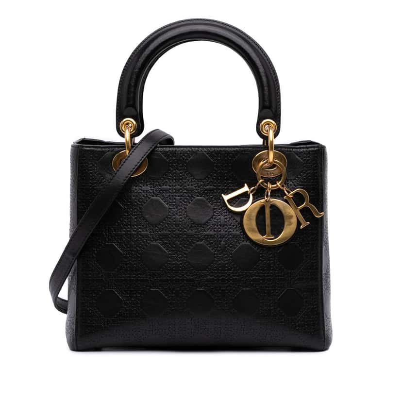 Dior Medium Calfskin Cannage Embossed Lady Dior Black Leather Good condition - Front View