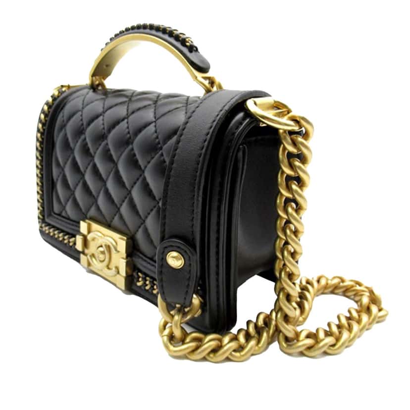 Chanel Small Quilted Lambskin Chain Around Boy Top Handle Flap Black Leather Good condition - Back View