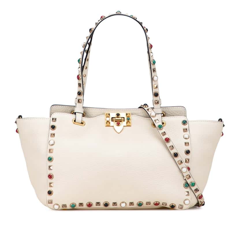 Valentino Small Leather Rockstud Rolling Trapeze Satchel White Leather Good condition - Front View