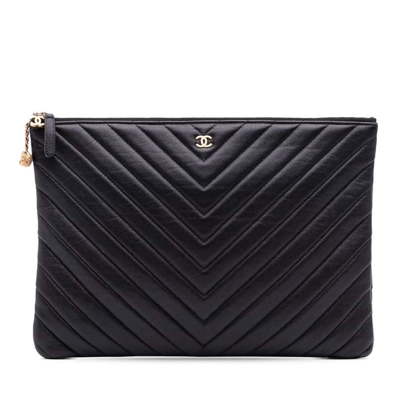 Chanel Large Chevron Caviar Ancient Greek Charms O Case Clutch Black Leather Good condition - Front View