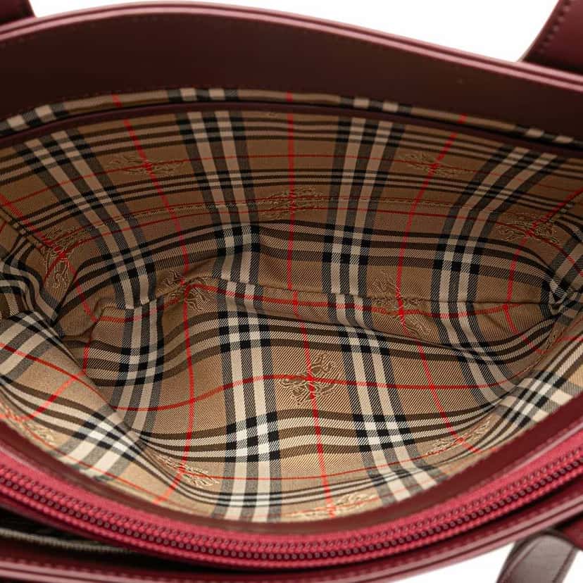 Burberry House Check Trimmed Leather Tote Red Leather Good condition - Box View