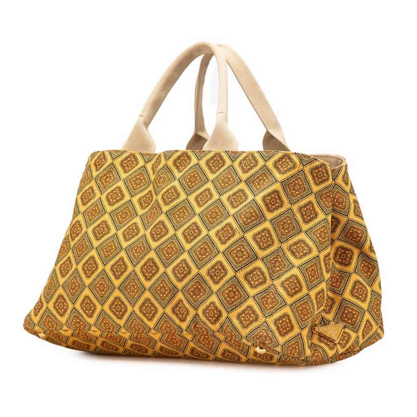 Prada Large Canvas Printed Canapa Satchel Yellow Canvas Good condition - Back View