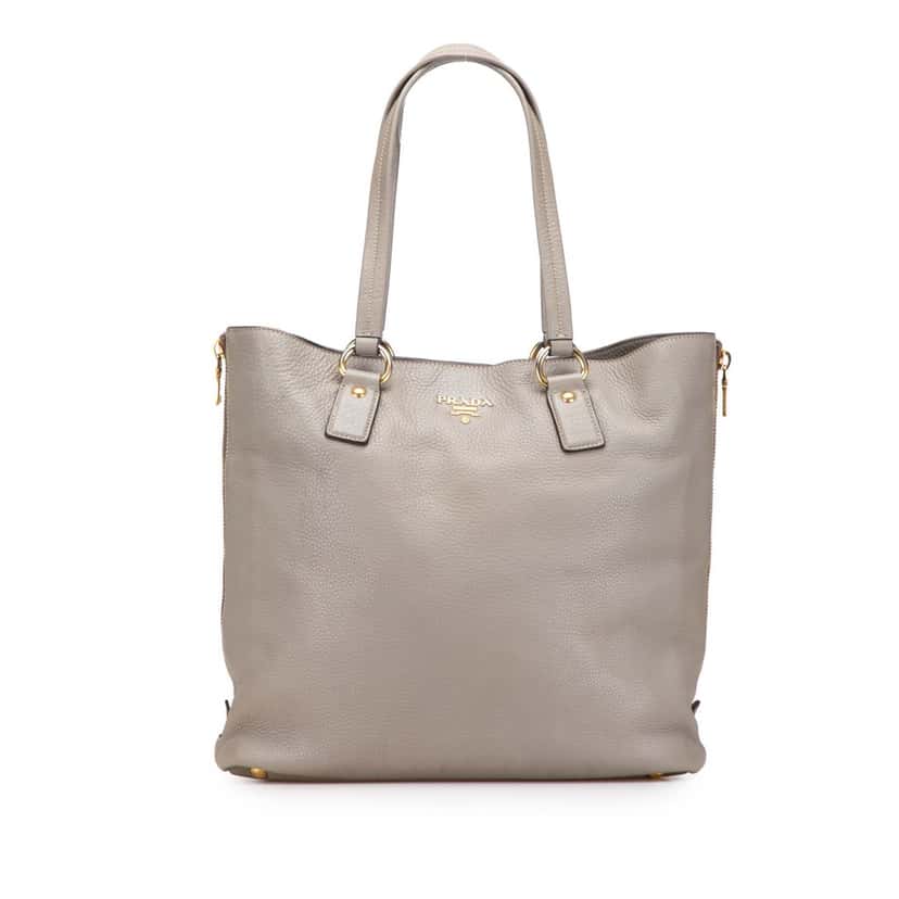 Prada Vitello Daino Side Zip Shopper Tote Grey Leather Very good condition - Front View