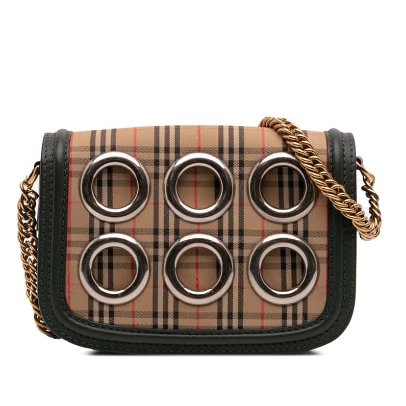 Burberry 1983 Knight Check Canvas and Smooth Calfskin Grommet Chain Crossbody Brown Canvas Good condition - Front View