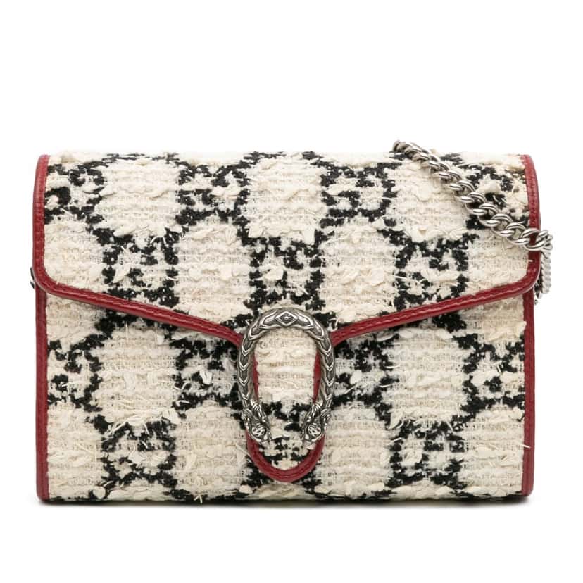 Gucci Mini GG Tweed Dionysus Wallet on Chain White Tweed Good condition - Front View