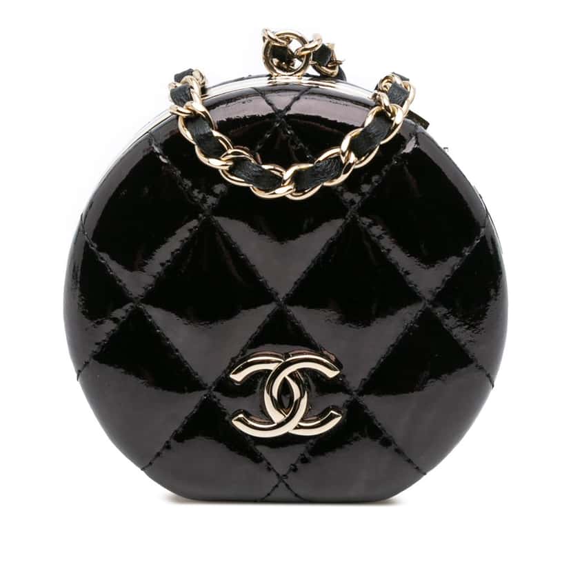 Chanel Quilted Patent Round Mirror Chain Necklace Black Leather Very good condition - Front View