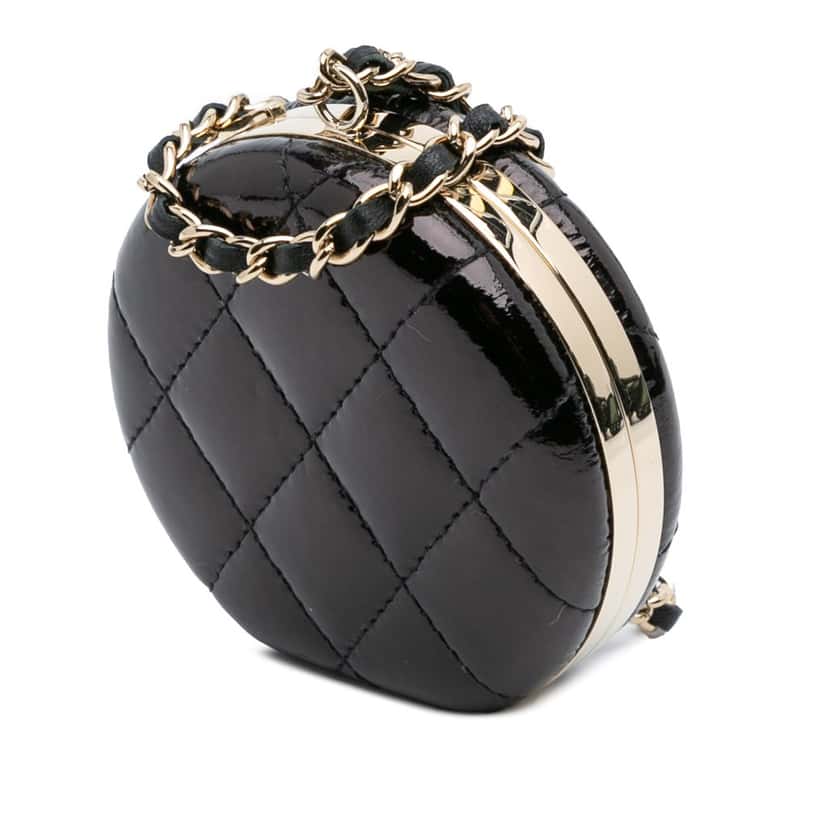 Chanel Quilted Patent Round Mirror Chain Necklace Black Leather Very good condition - Back View