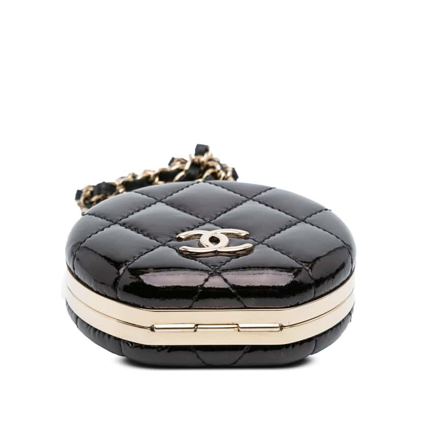 Chanel Quilted Patent Round Mirror Chain Necklace Black Leather Very good condition - Inside View