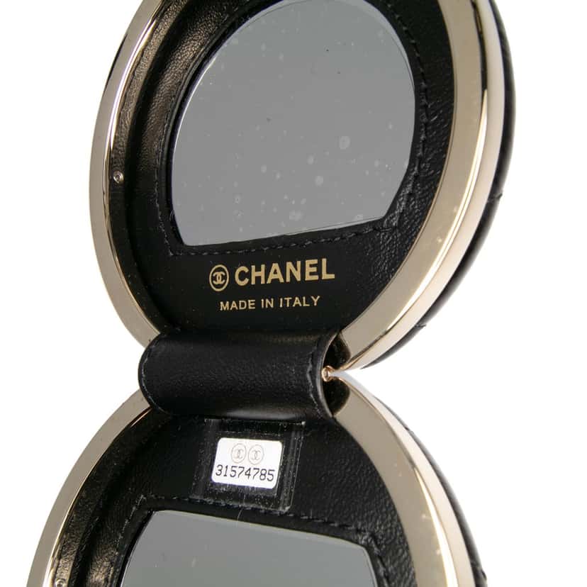 Chanel Quilted Patent Round Mirror Chain Necklace Black Leather Very good condition - Box View