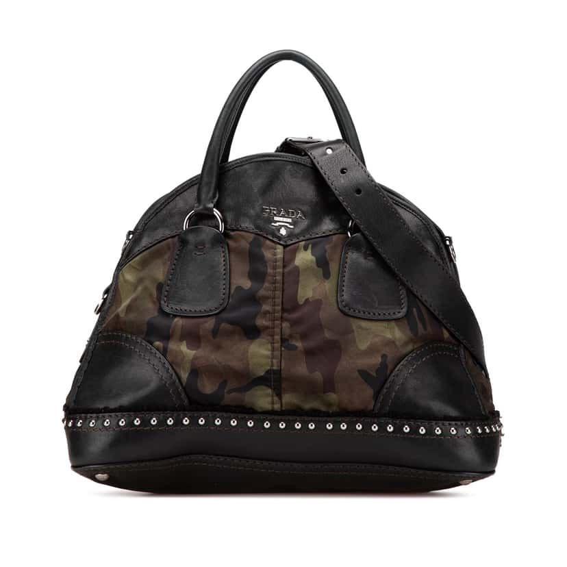 Prada Lambskin Trimmed Tessuto Stampato Camouflage Dome Satchel Brown Good condition - Front View