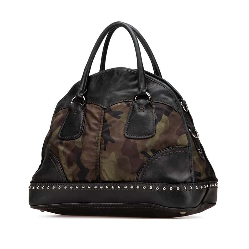 Prada Lambskin Trimmed Tessuto Stampato Camouflage Dome Satchel Brown Good condition - Back View