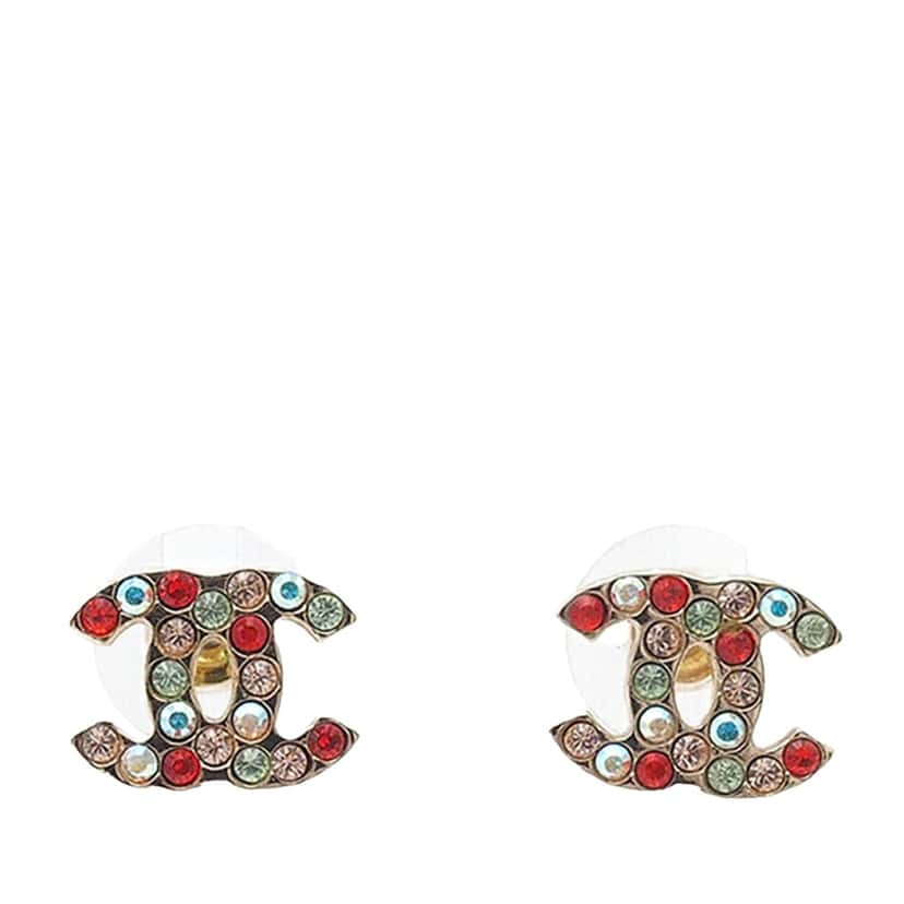 Chanel Gold Plated CC Multicolor Rhinestones Push Back Earrings Gold Metal Good condition - Front View