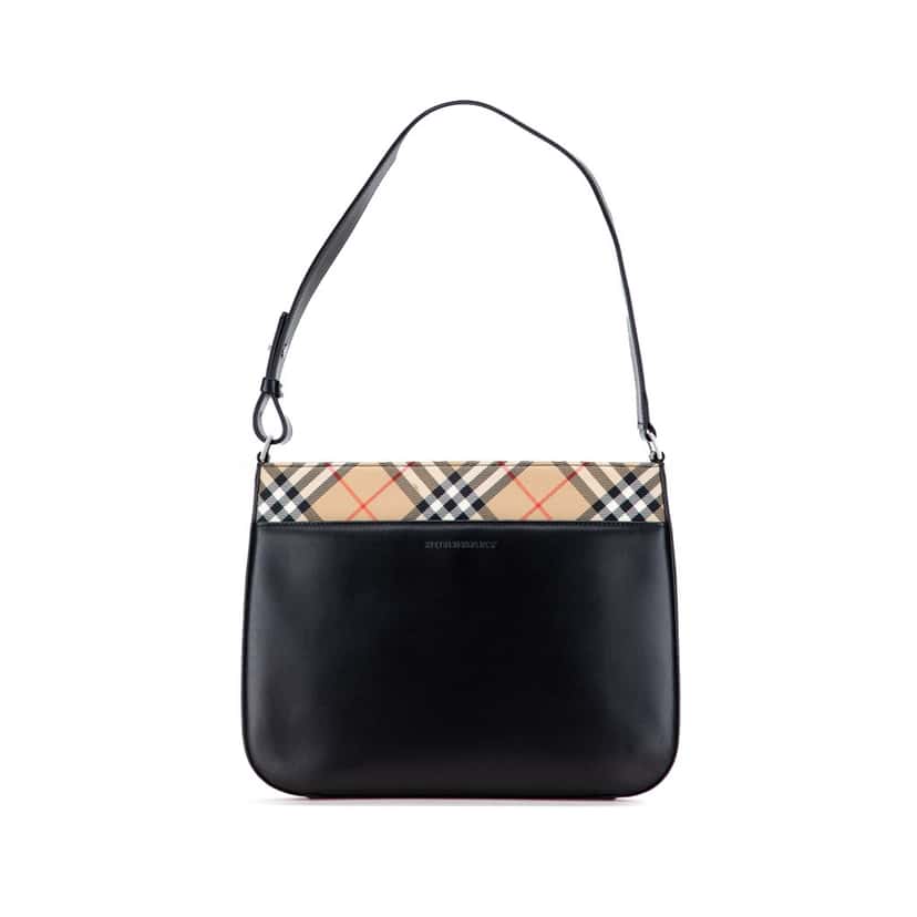 Burberry Nova Check Canvas Trimmed Leather Shoulder Bag Black Leather Good condition - Front View