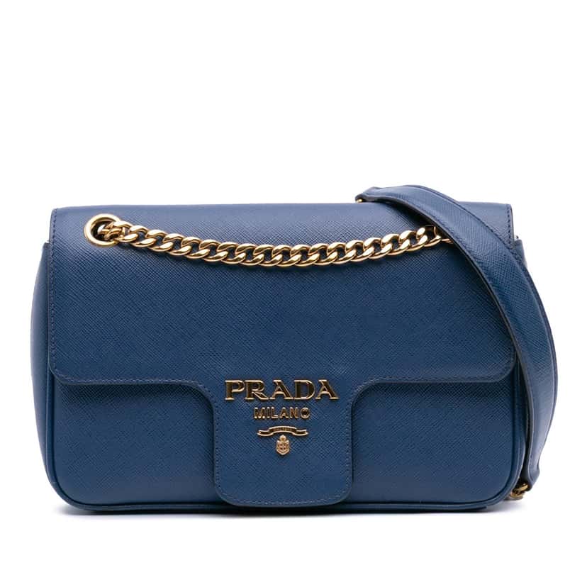 Prada Saffiano Pattina Chain Crossbody Blue Leather Good condition - Front View