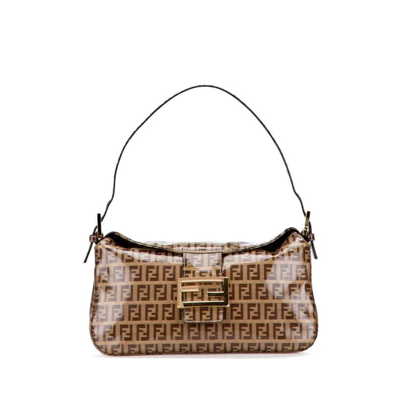 Fendi Zucchino Crystal Double Flap Shoulder Bag Brown Canvas Good condition - Front View